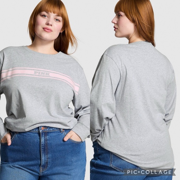 PINK Oversized Long-Sleeve Campus T-Shirt - Picture 1 of 1